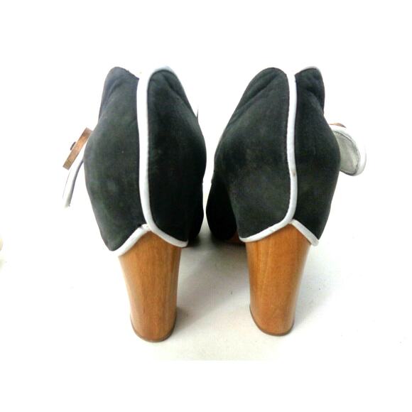 ras 6.5M Black / White Peep Leather Peep Toe Mary Jane Platform Wood Heel Shoes - Picture 4 of 9